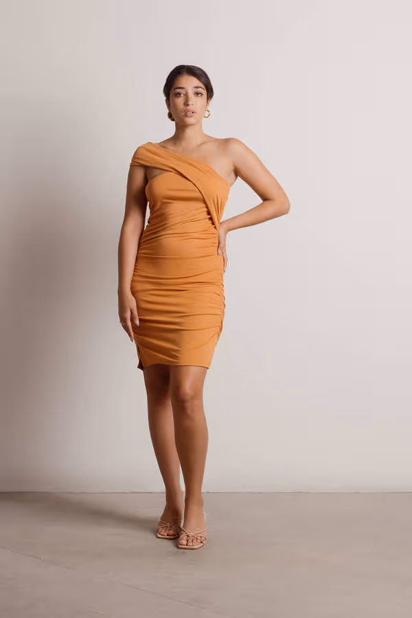 Anya One Shoulder Ruched Mini Dress - Orange