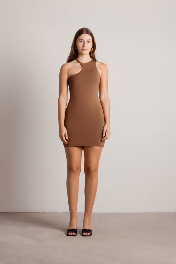 Pull It Off Asymmetrical Bodycon Mini Dress - Brown