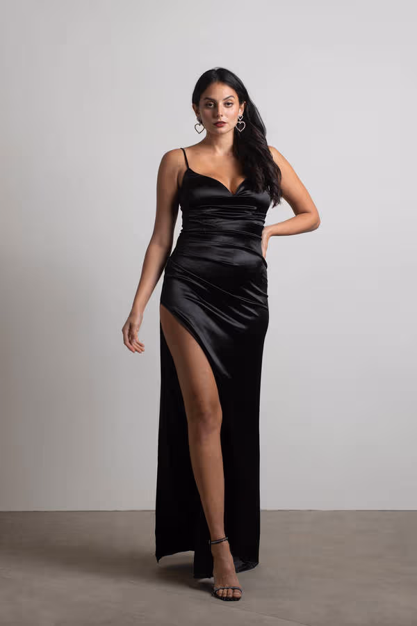 Heartbreaker Satin High Slit Maxi Dress - Black