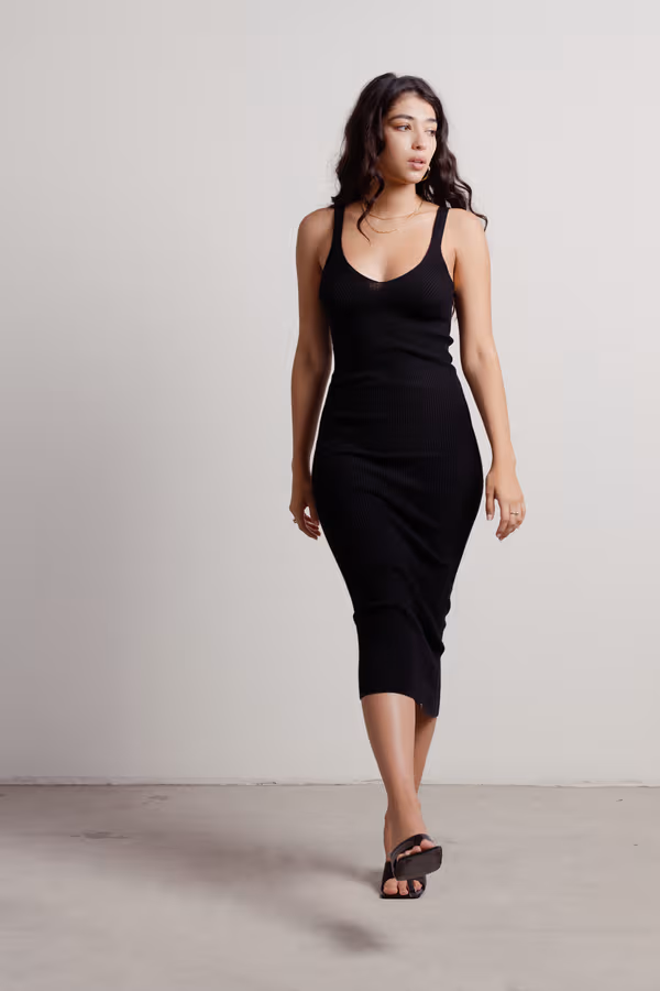 Impress Me Ribbed Bodycon Midi Dress - Black