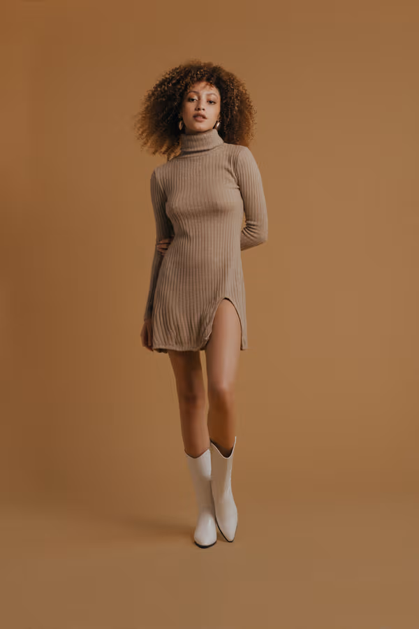 Misunderstood Ribbed Turtleneck Mini Dress - Taupe