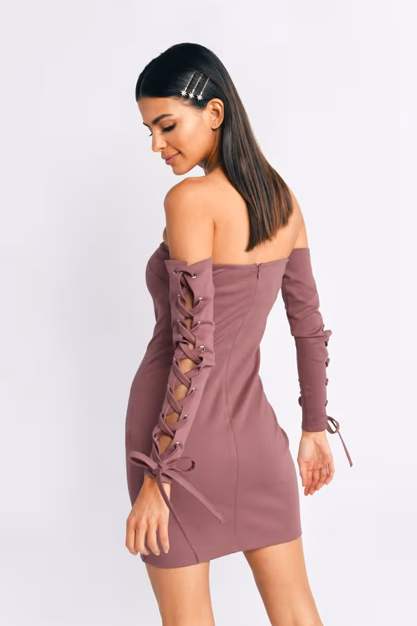 Danielle Lace Up Sleeve Bodycon Mini Dress - Dark Rose