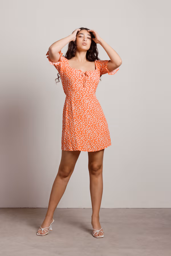 Adella Floral Front Tie Mini Dress - Red