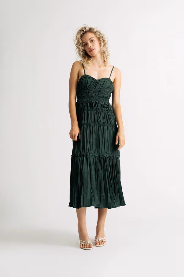 Keep Me Company Emerald Satin Pleated Tiered Midi Dress