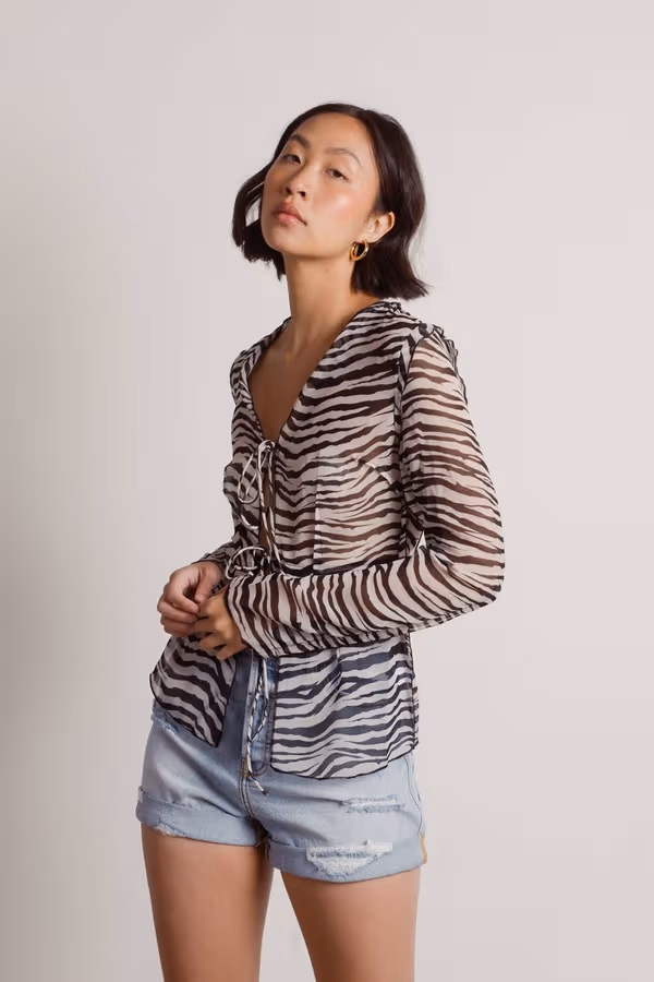 Take Me Out Again Front Tie Blouse - Black & White