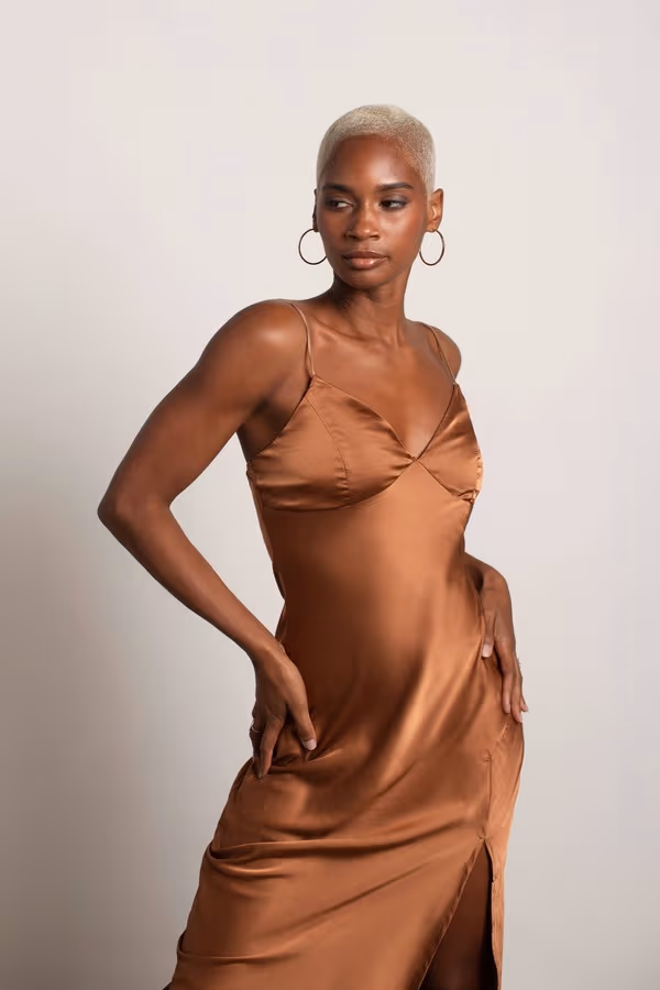 Forever Yours Satin Slit Midi Dress - Brown
