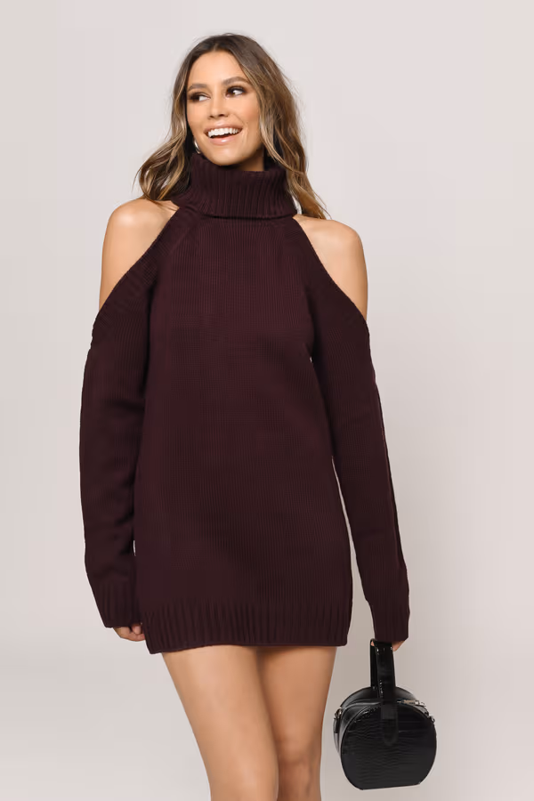 Give Love Cold Shoulder Sweater Mini Dress - Wine