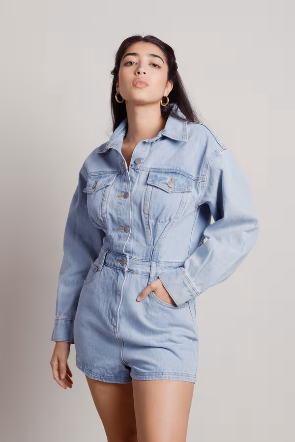 Luisa Long Sleeve Romper - Light Wash