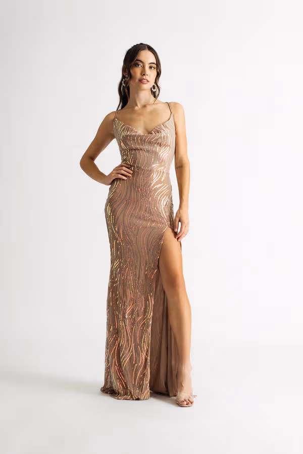 Dreamy Nights Sequin Slit Maxi Dress - Brown Multi