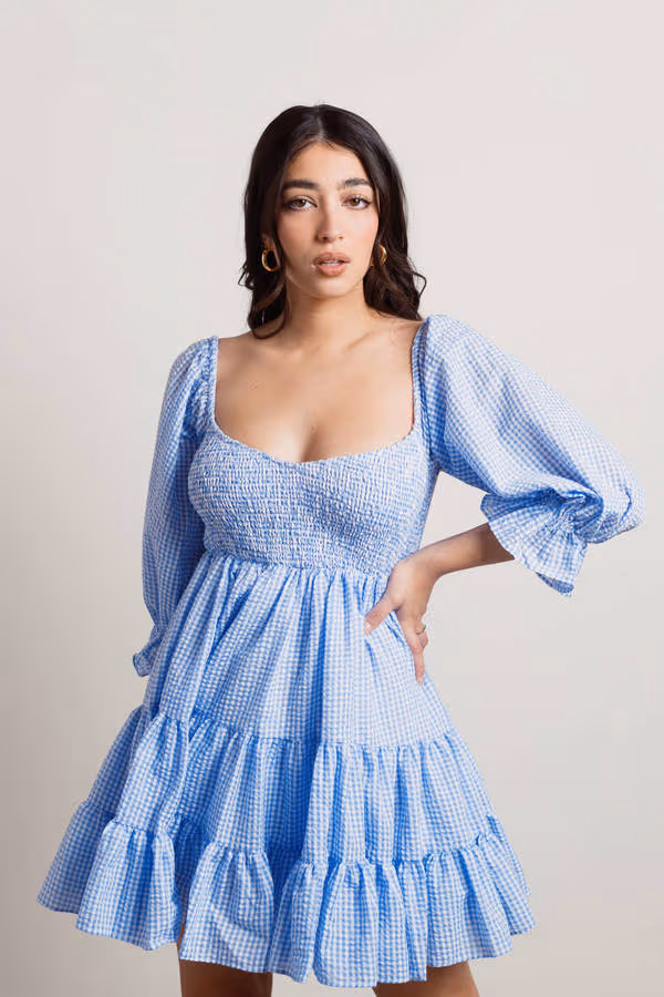 Hello There Plaid Babydoll Mini Dress - Blue