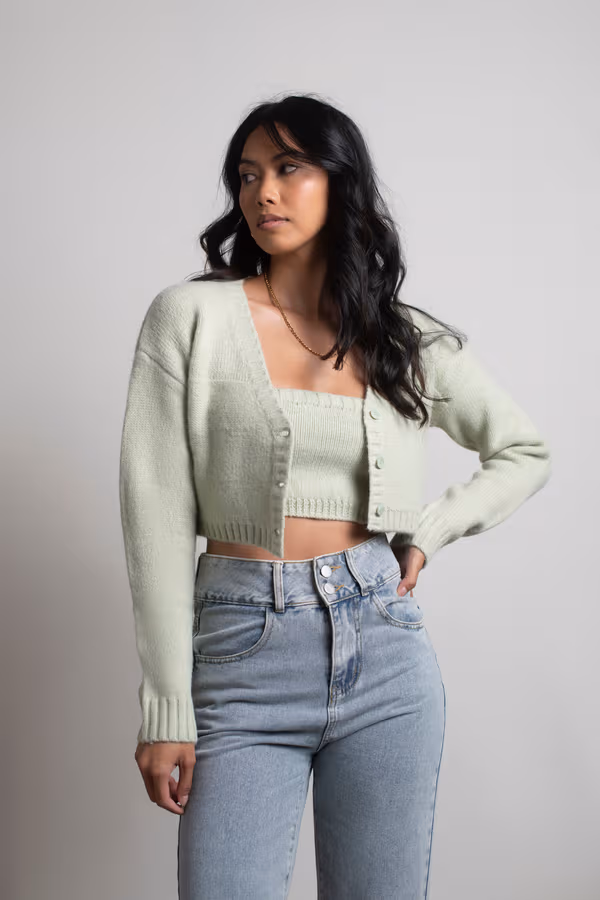 Sofie Knit Crop Top and Cardigan Set - Sage