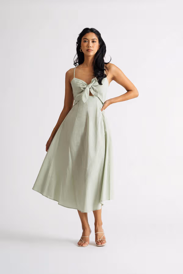 Sunny Rays Sage Adjustable Front Bow Cutout Midi Dress