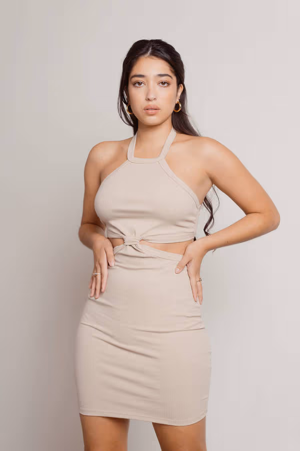 Wasted Time Ribbed Cutout Mini Dress - Beige