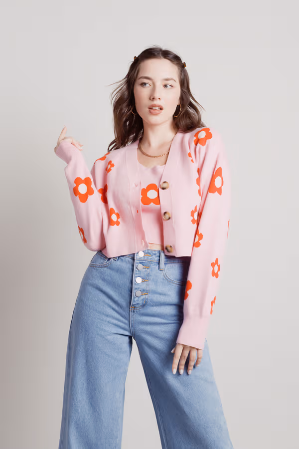 Paint By Flowers Floral Print Cardigan - Strawberry Pink