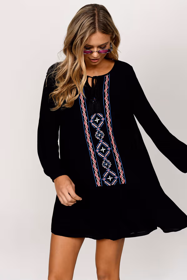 Nakoma Embroidered Shift Mini Dress - Black