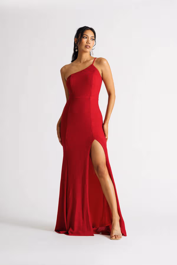 Maggie One Shoulder High Slit Maxi Dress - Red