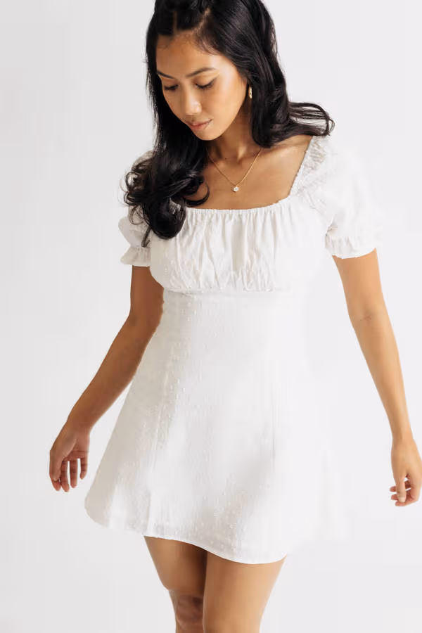 Sunny Village Ivory Swiss Dot Puff Sleeve Skater Dress