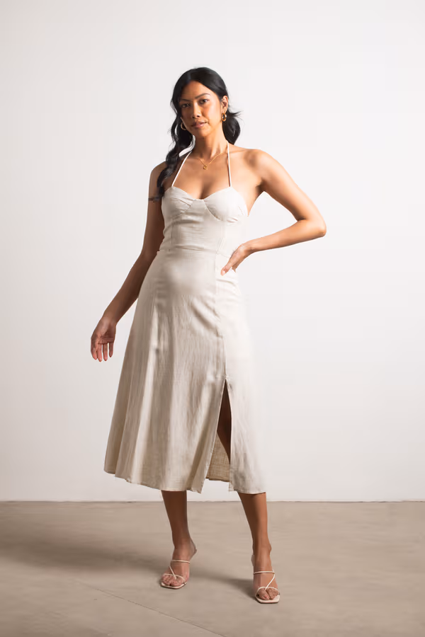 Maison Halter Slit Midi Dress - Oatmeal