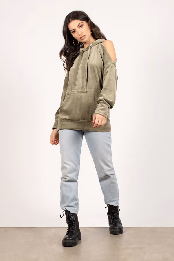 Veronique Cold Shoulder Hoodie - Olive