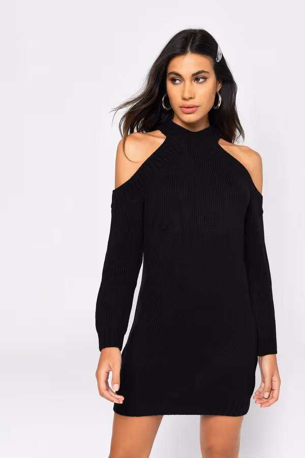 Half Thought Cold Shoulder Sweater Mini Dress - Vintage Blue