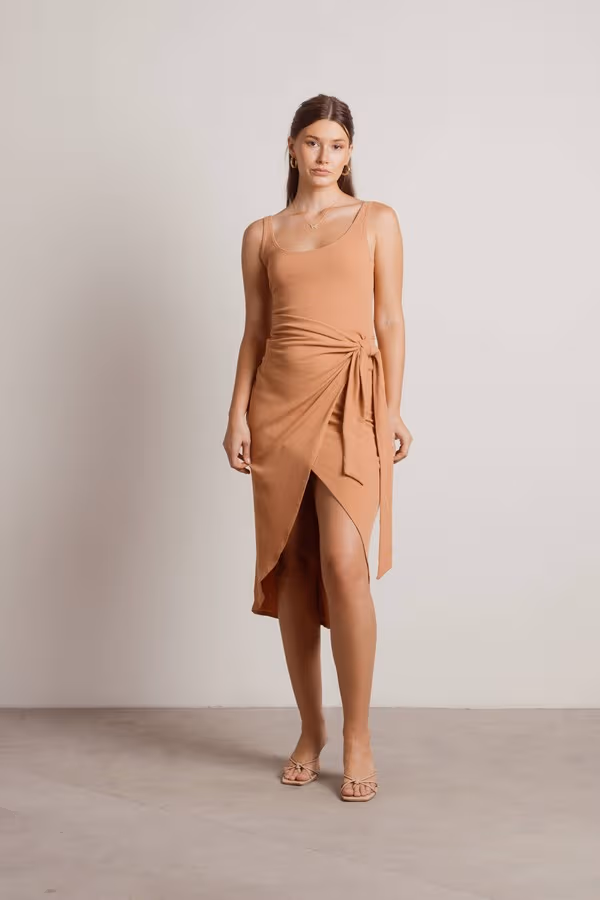 Wish I Missed You Side Slit Wrap Midi Dress - Tan