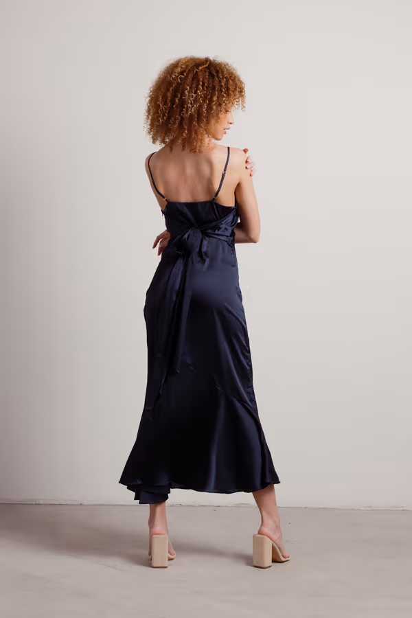 Rylie Satin High Slit Midi Dress - Navy
