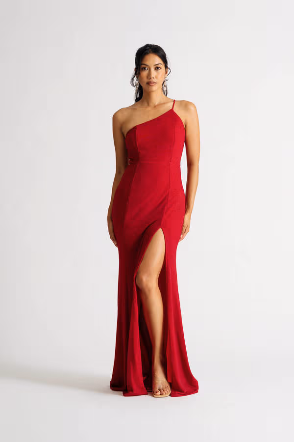 Maggie One Shoulder High Slit Maxi Dress - Red