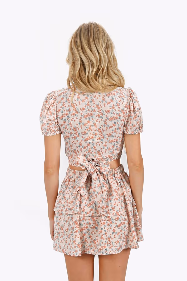 Mitzi Floral Crop Top and Mini Skirt Set - Salmon