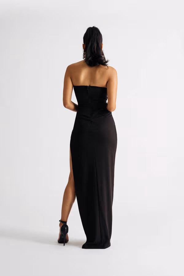 Divine Touch Black Strapless Slit Bodycon Maxi Dress