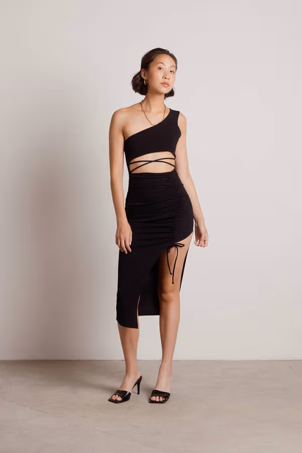 Gotta Find Me One Shoulder High Slit Midi Dress - Black