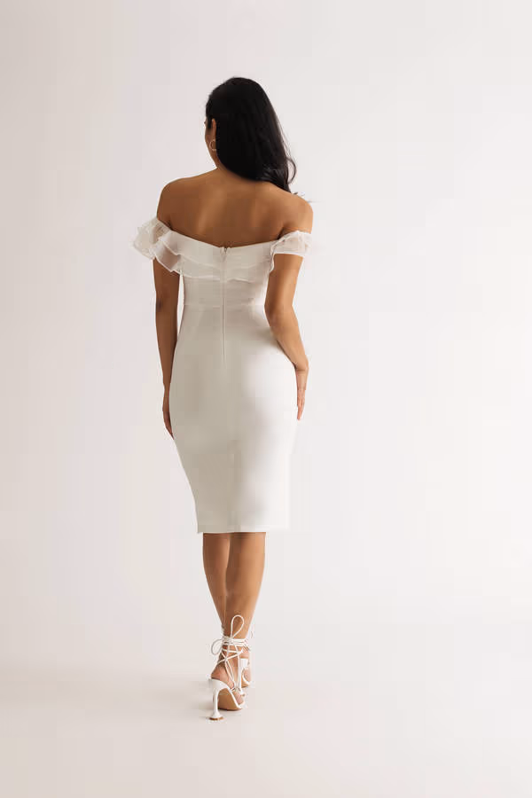 Kathani Ivory Organza Ruffle Midi Dress