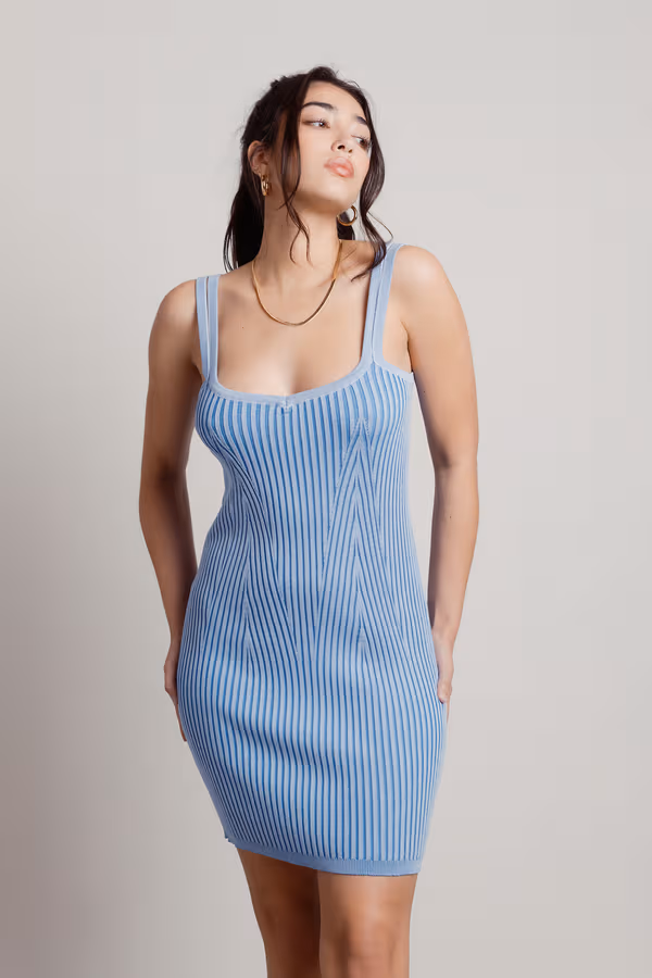 Christen Double Strap Ribbed Mini Dress - Blue