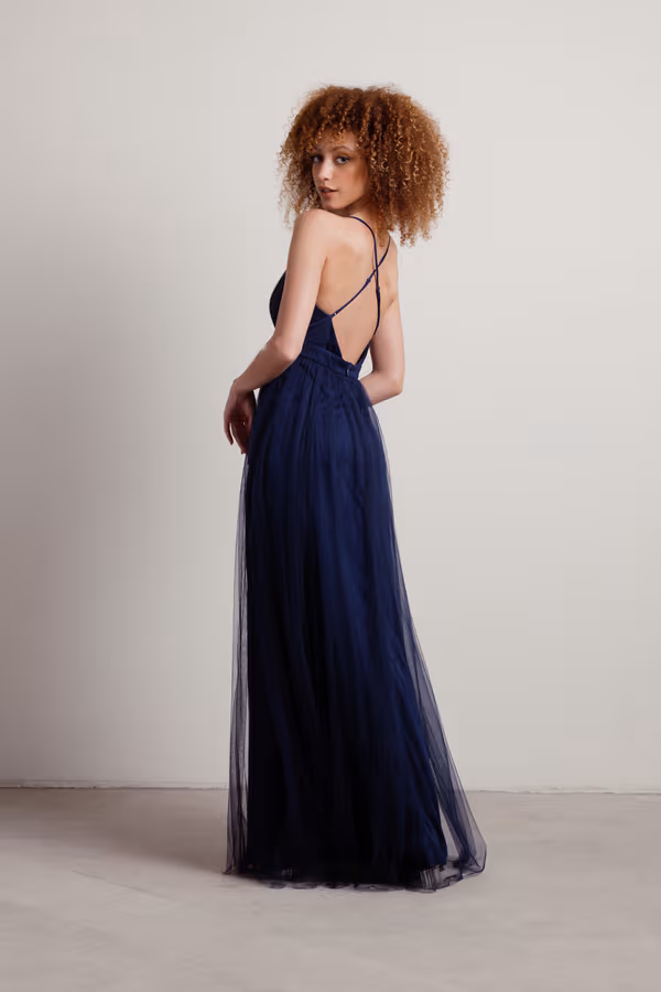 Night To Remember Chiffon Double High Slit Maxi Dress - Navy