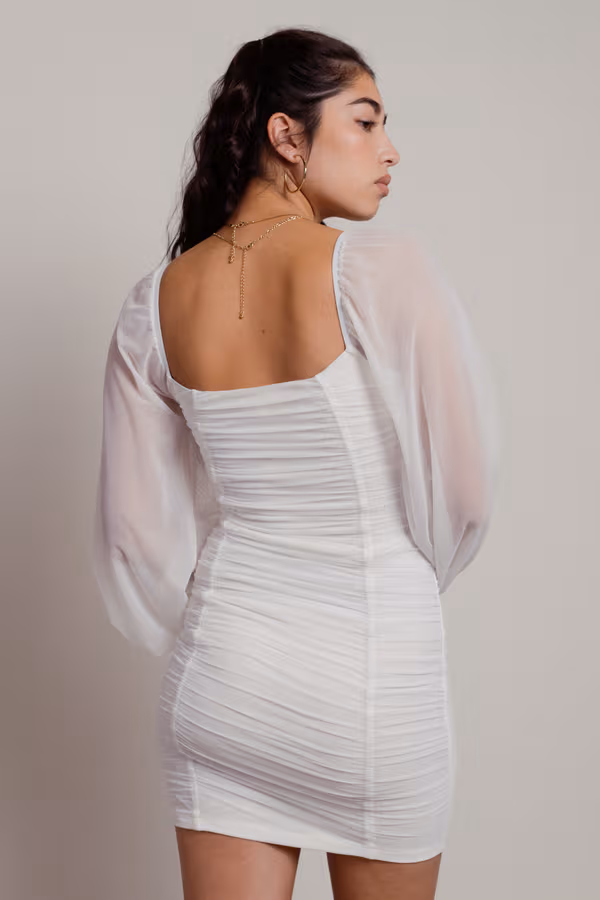 Eli Ruched Balloon Sleeve Mini Dress - White