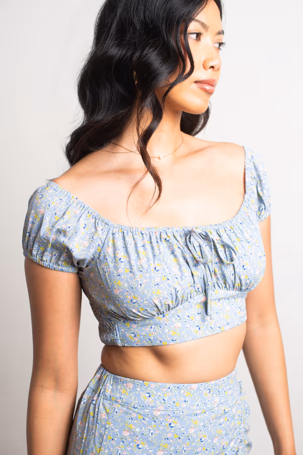 Wait No Longer Floral Crop Top and Mini Skirt Set - Blue