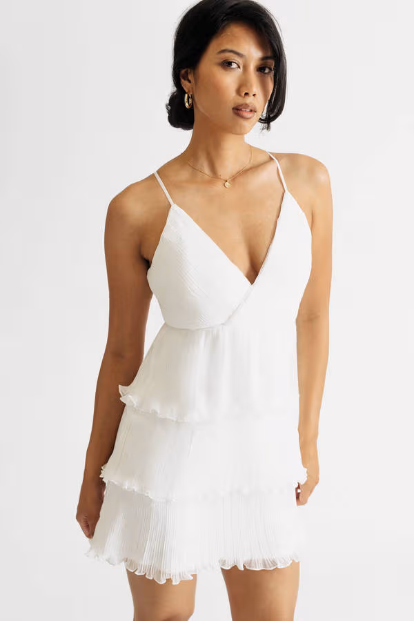 Michaela White Pleated Tiered Skater Mini Dress