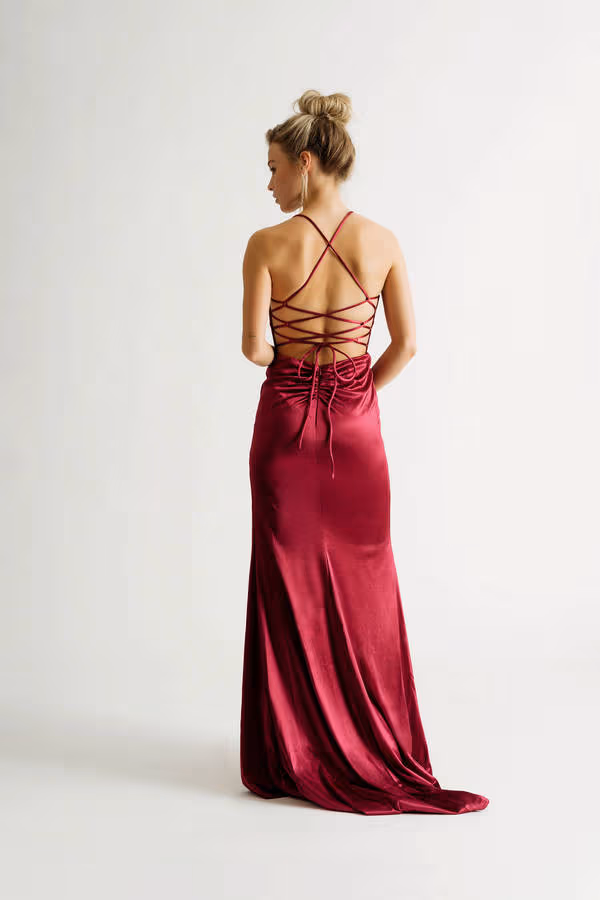 Peisinoe Satin High Slit Maxi Dress - Wine