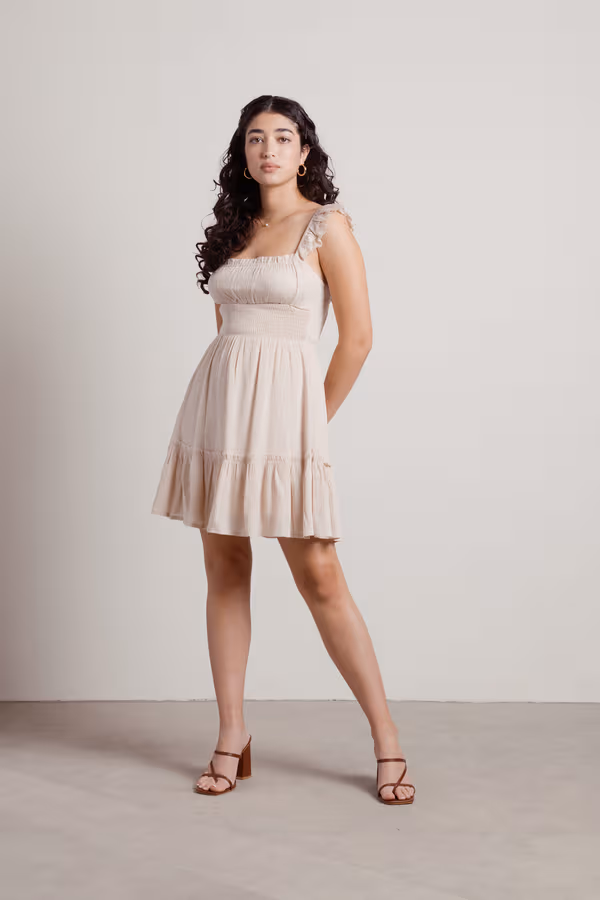 Dime Piece Smocked Square Neck Mini Dress - Beige