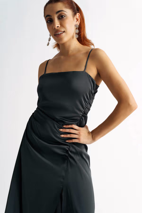 Kylie Ruched Slit Midi Dress - Dark Green