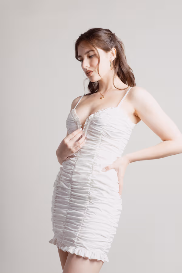 Janette White Deep V Ruffled Ruched Bodycon Dress