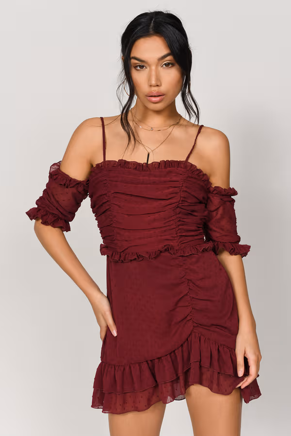 Just Met You Ruffle Cold Shoulder Mini Dress - Wine