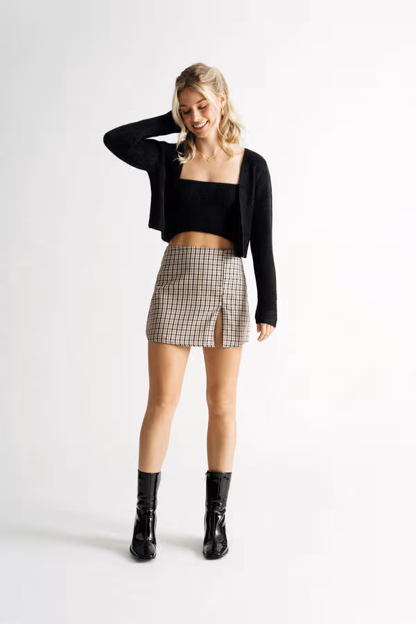 Beatrice Fuzzy Crop Top and Cardigan Set - Brown