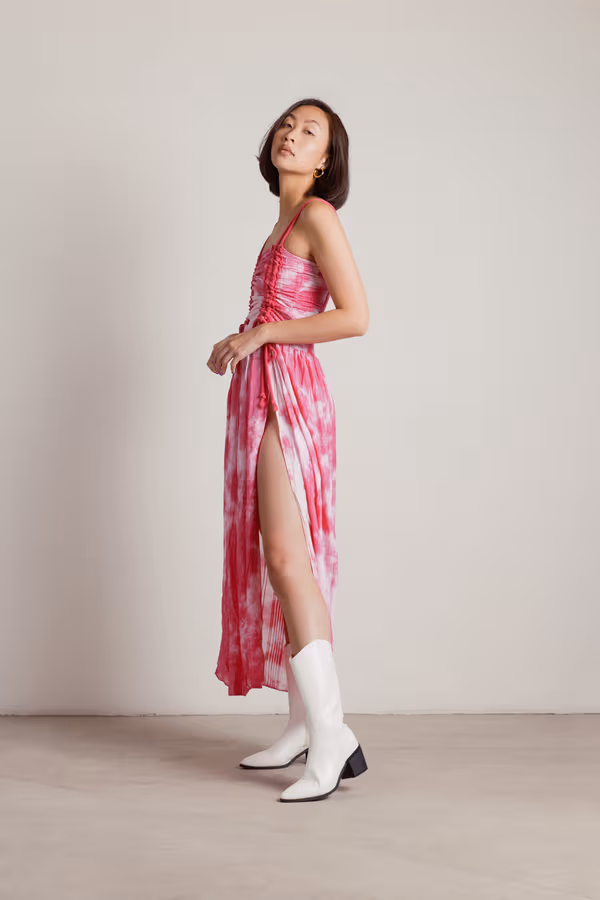 Give Me Attention Tie Dye High Slit Midi Dress - Hot Pink