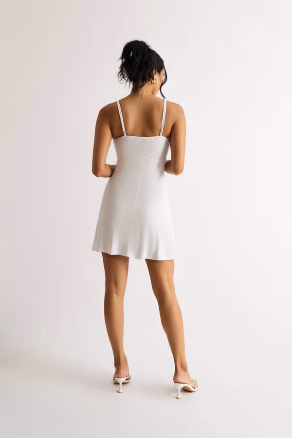 Maira Off White Ribbed Bow Tie Cutout Mini Dress