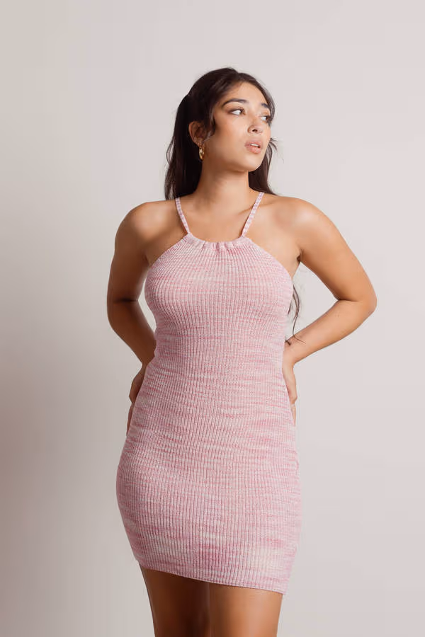 Bubble Gum Ribbed Knit Halter Mini Dress - Pink