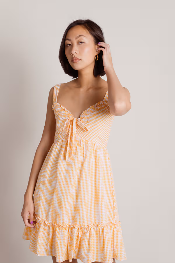 Cottage Whimsy Front Tie Gingham Mini Dress - Orange