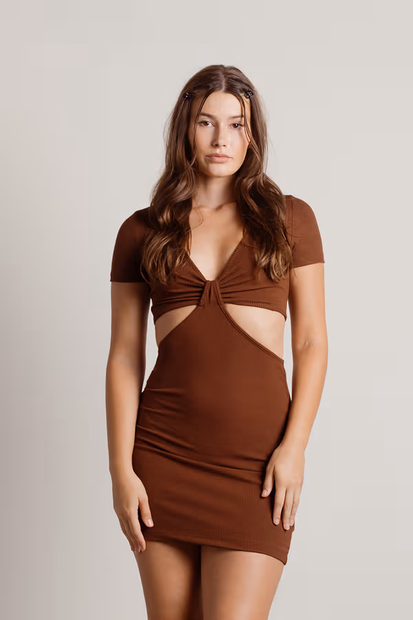 Promise You Ribbed Cutout Mini Dress - Tan