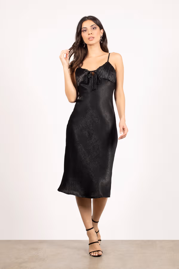 Come Get Me Satin Front Tie Midi Dress - Black