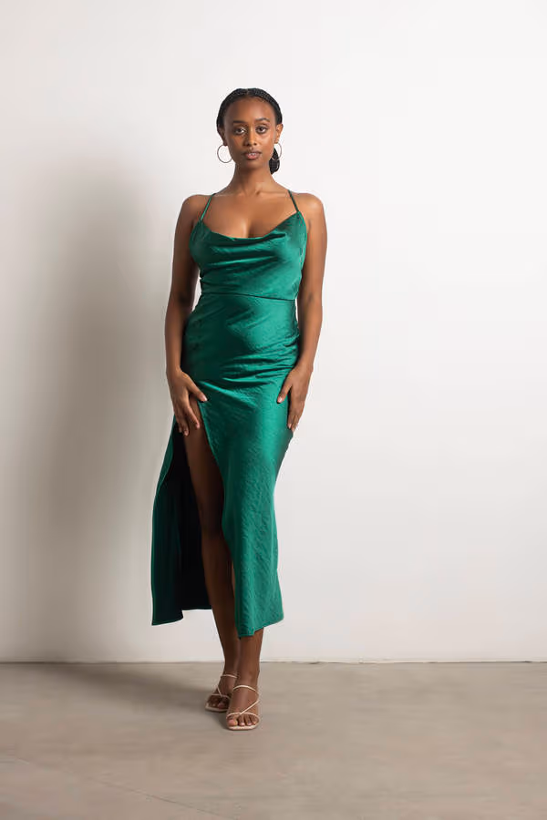 Always Yours Satin High Slit Midi Dress - Black