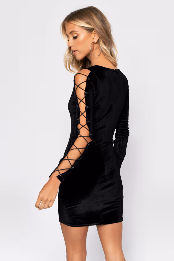 Lace Up To It Velvet Lace Up Sleeve Mini Dress - Black